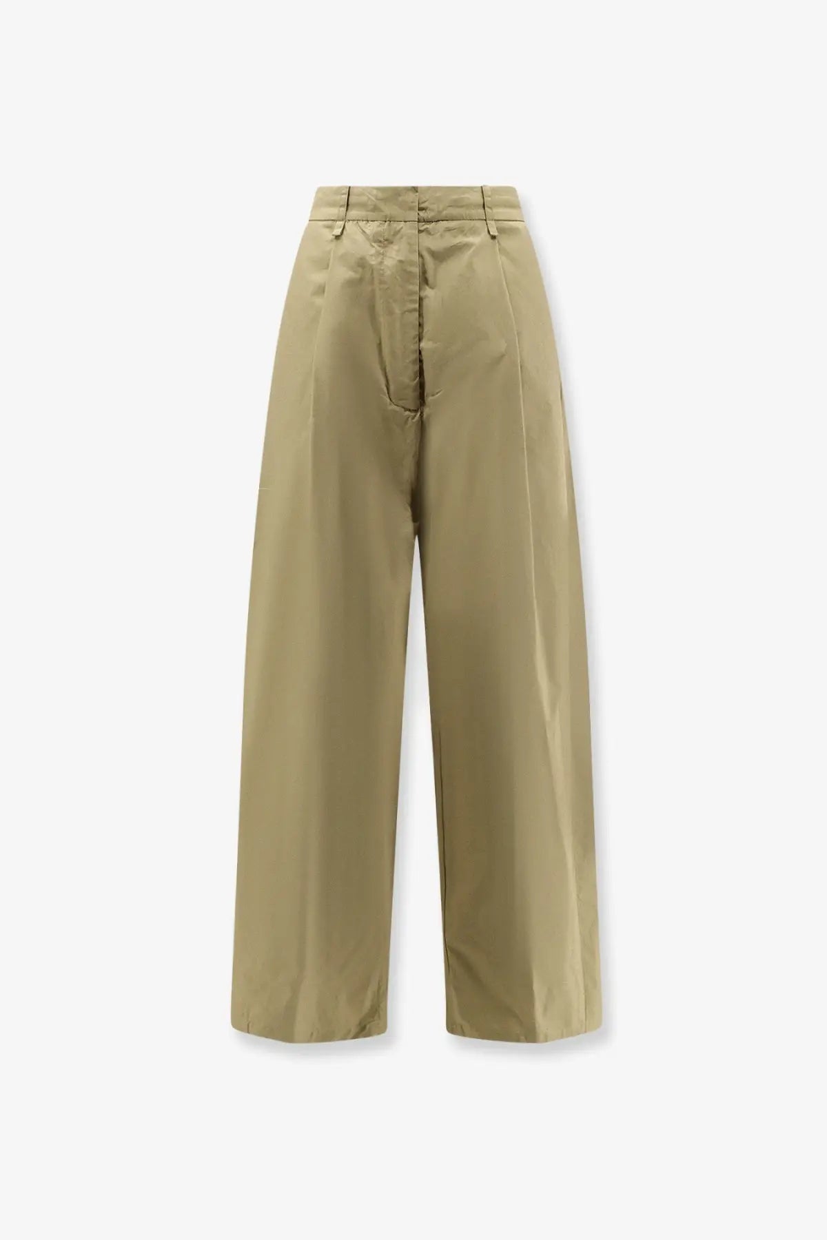 Nude women’s khaki high-waisted wide-leg cotton trousers with smooth fabric and subtle front pleats