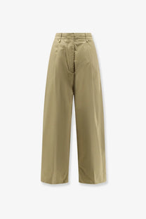 Nude women’s khaki high-waisted wide-leg cotton trousers with smooth fabric and subtle front pleats