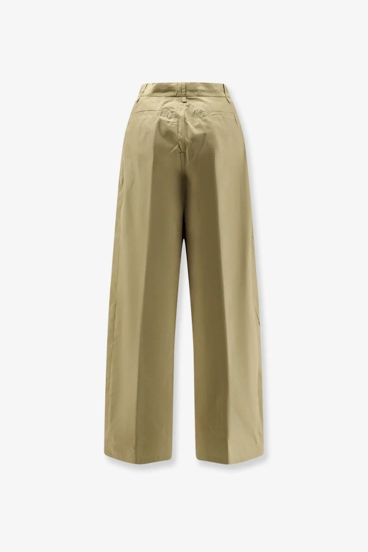 Nude women’s green cotton trousers with khaki color wide-leg high waist and sleek smooth fabric design
