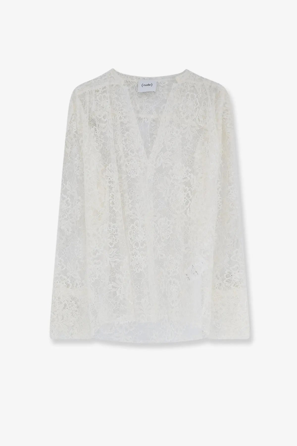 Nude women’s white lace shirt with delicate floral pattern long sleeves and v-neckline in intricate lace material