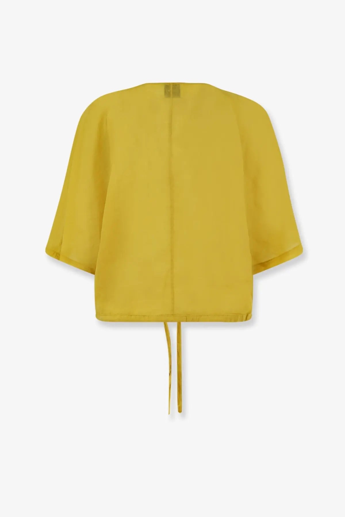 Nude women’s linen blend shirt cedar in mustard yellow with wide flowing sleeves and a drawstring hem