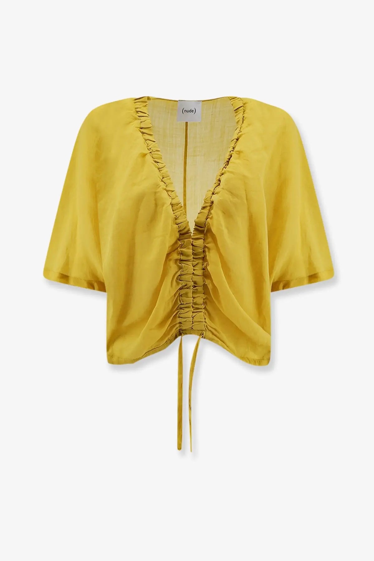 Nude women’s linen blend shirt cedar with mustard yellow lightweight cropped top and ruched front drawstring waist