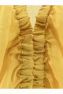 Nude women’s linen blend shirt cedar with mustard-yellow ruched fabric detail and vertical gathered pleats center back