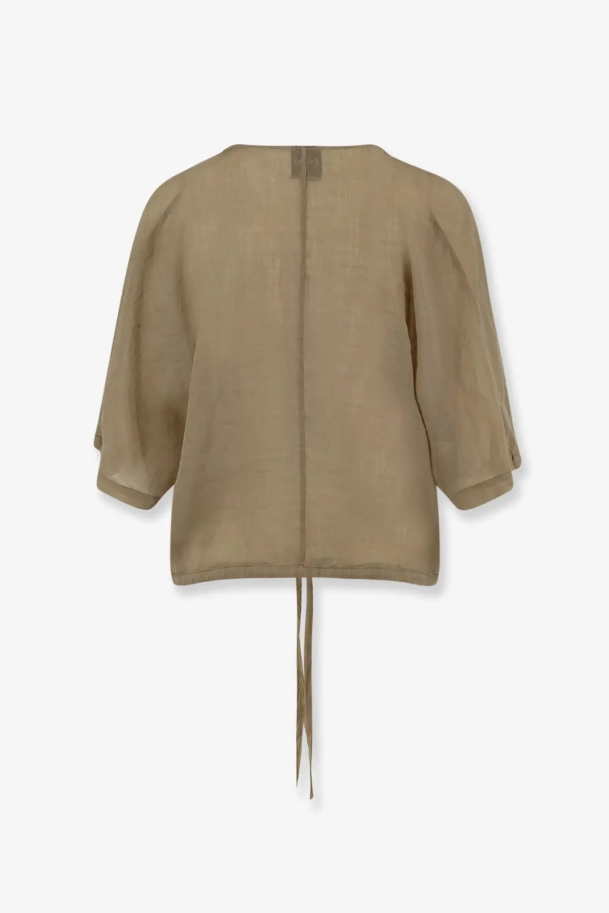 Beige linen blouse with puffed sleeves and back tie detail shown from the back in nude women’s linen blend shirt green