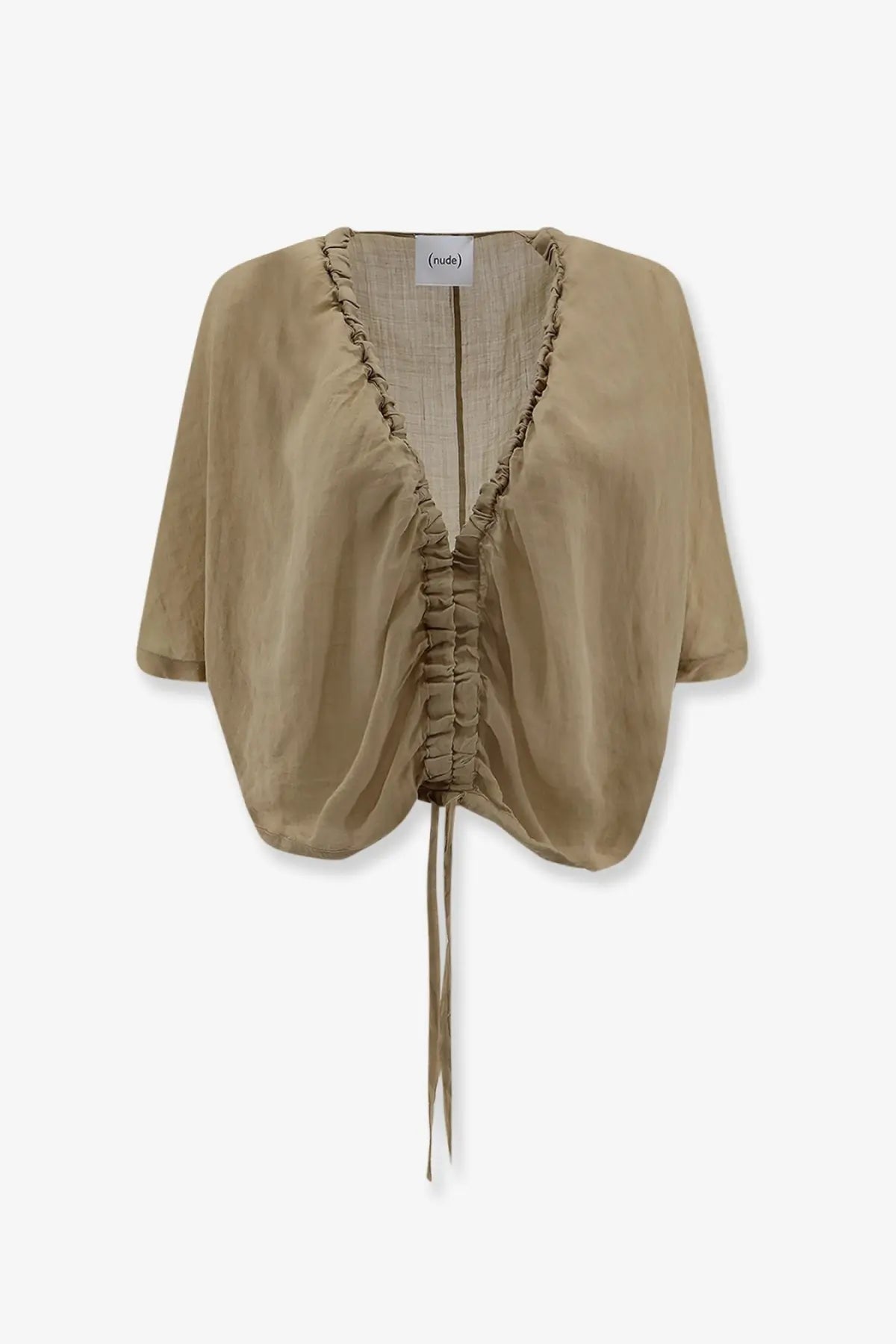 Nude women’s linen blend shirt in beige sheer cropped style with ruched detailing and drawstring tie