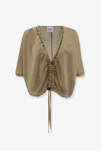 Nude women’s linen blend shirt in beige sheer cropped style with ruched detailing and drawstring tie