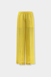 Bright yellow sheer wide-leg pants with elastic waistband in linen blend for women from cedar collection