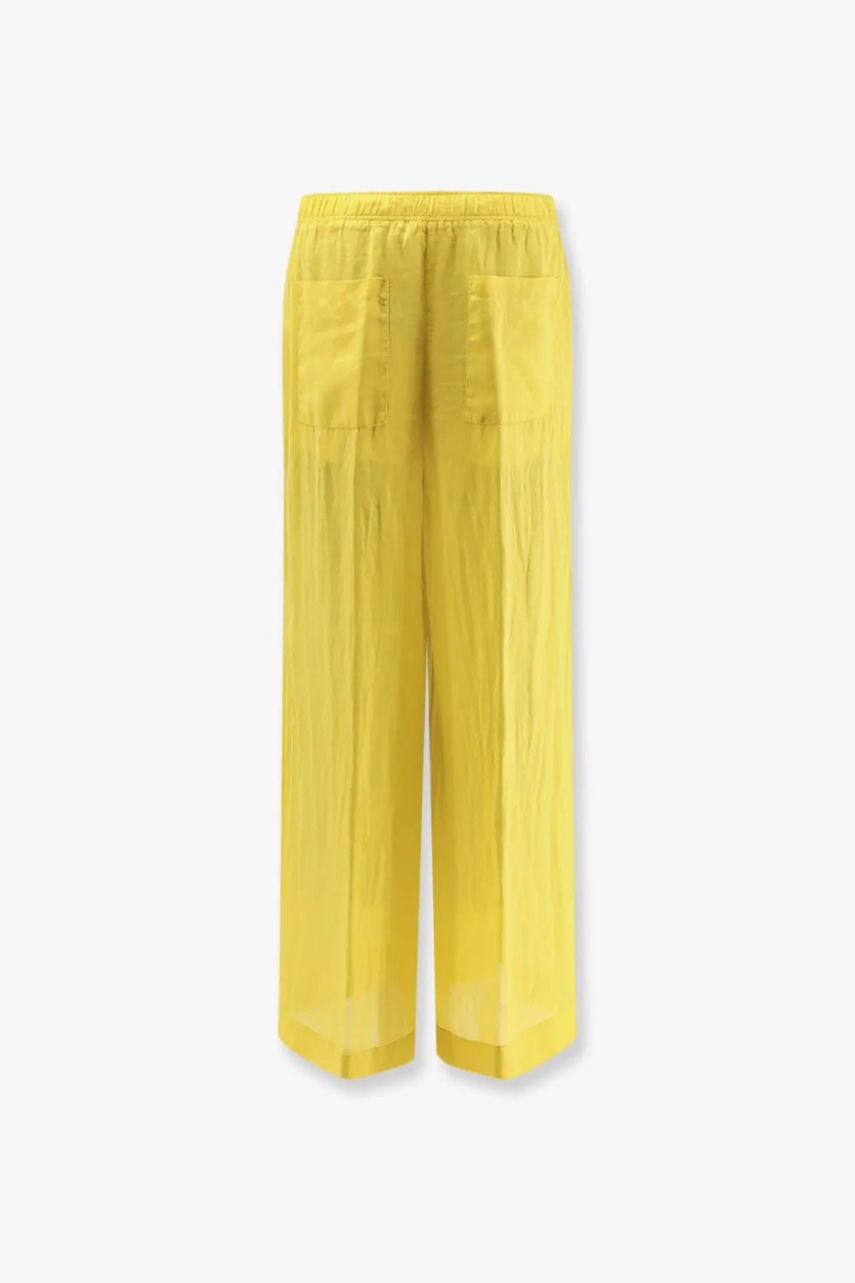 Nude women’s linen blend wide-leg trousers in bright yellow with elastic waistband and two front pockets