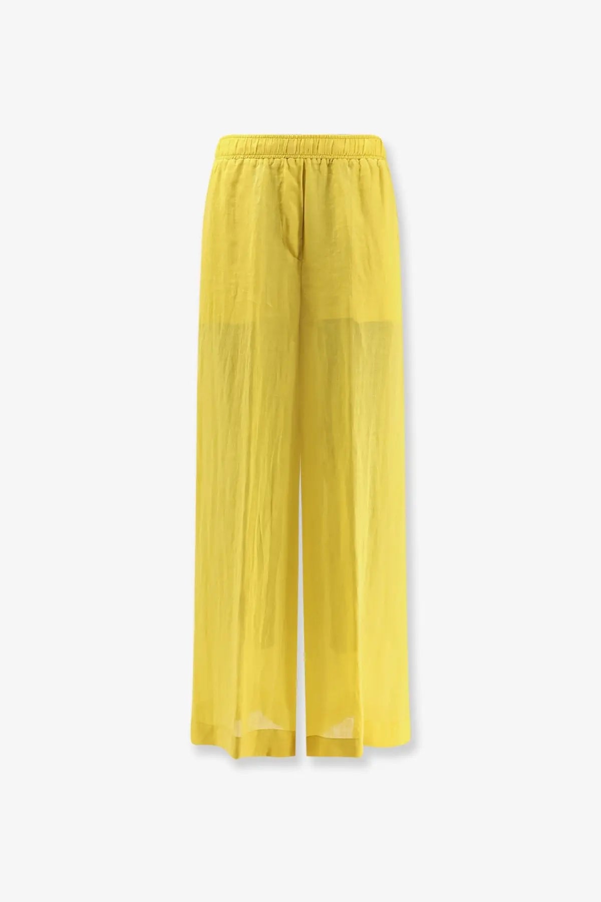Bright yellow wide-leg linen blend trousers with elastic waistband and sheer flowing fabric for women nude cedar model