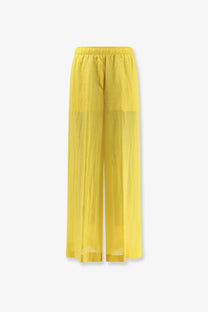 Bright yellow wide-leg linen blend trousers with elastic waistband and sheer flowing fabric for women nude cedar model