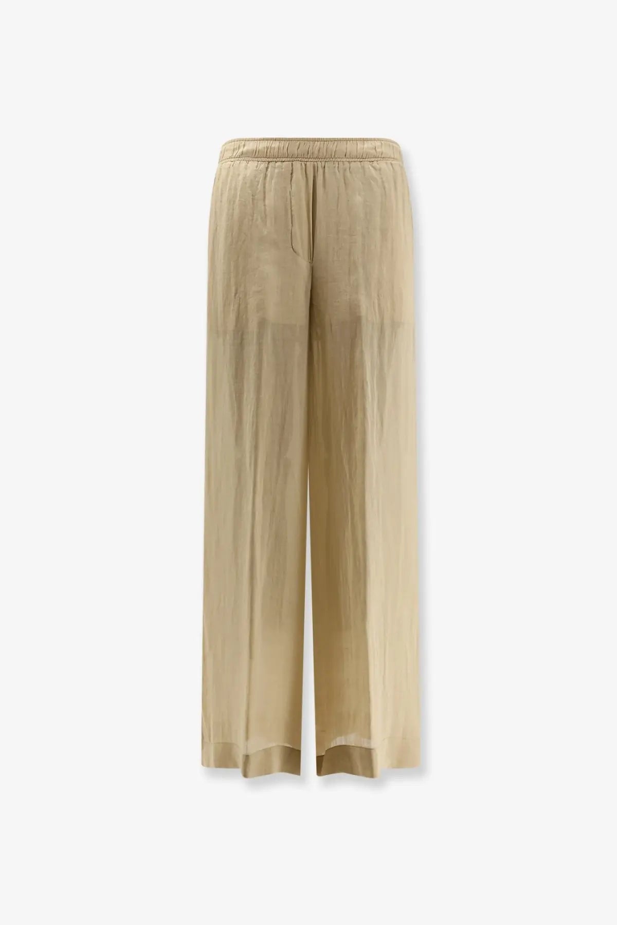 Nude women’s linen blend trousers in beige with wide legs elastic waistband and lightweight flowing fabric