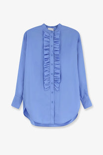 Nude women’s oversize cotton shirt blue with a light blue long-sleeved ruffled front button-up blouse design