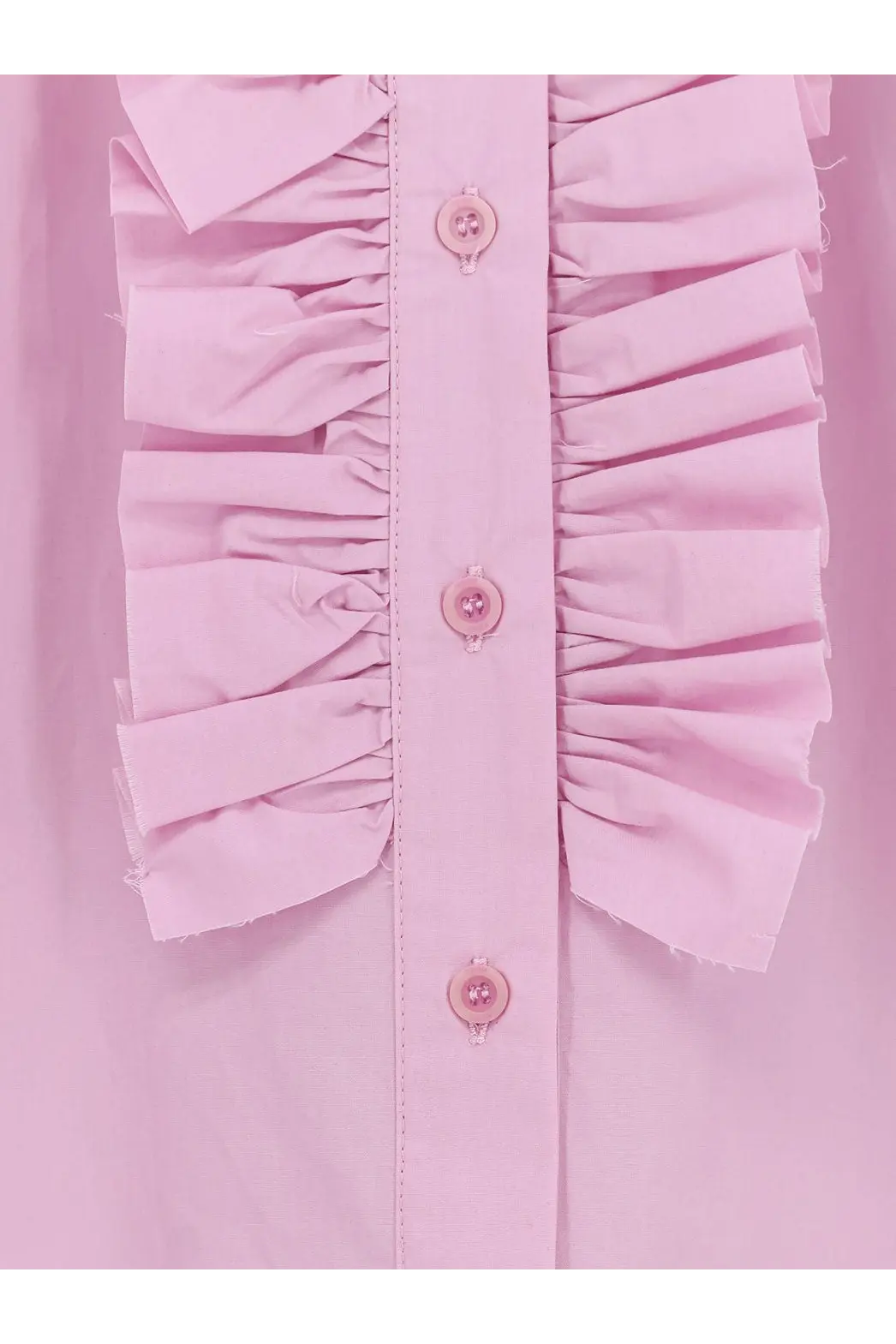 Nude women’s oversize pink cotton shirt featuring a delicate ruffled button-up front with matching buttons