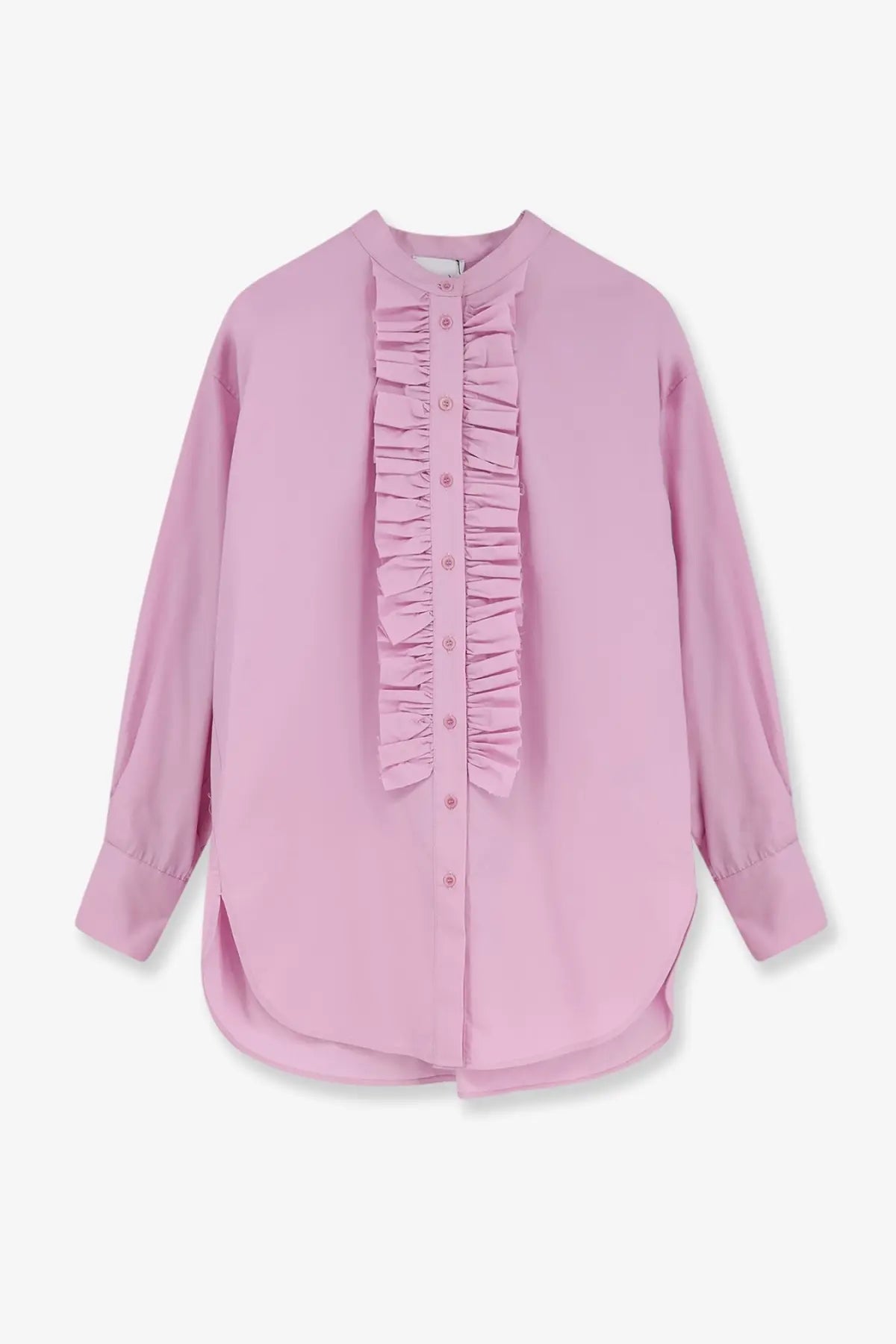 Nude women’s oversize cotton shirt pink with a soft pink long-sleeved blouse featuring a ruffled front panel and buttons