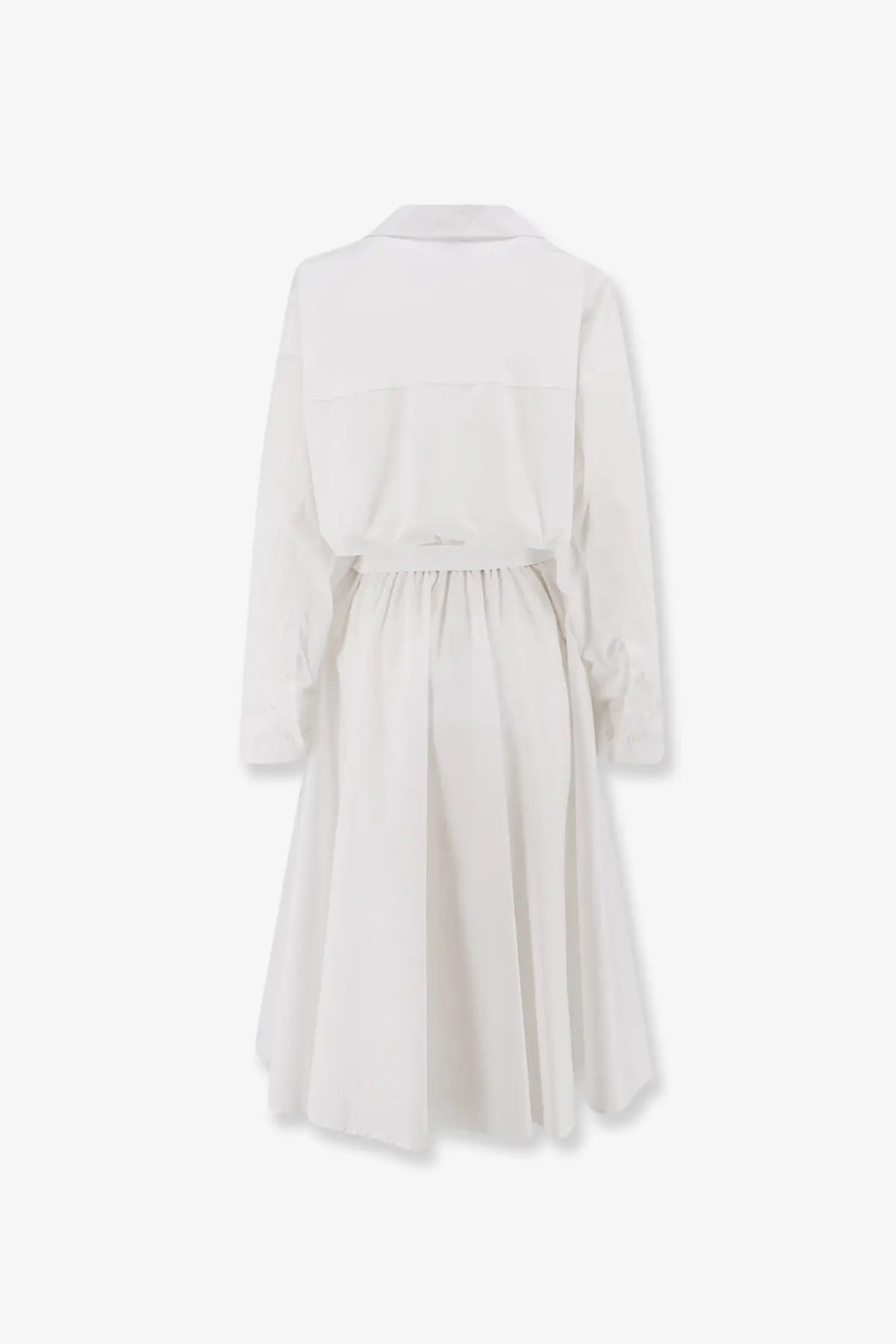White long-sleeved polo cotton shirt dress for women with belted waist and flared skirt by nude
