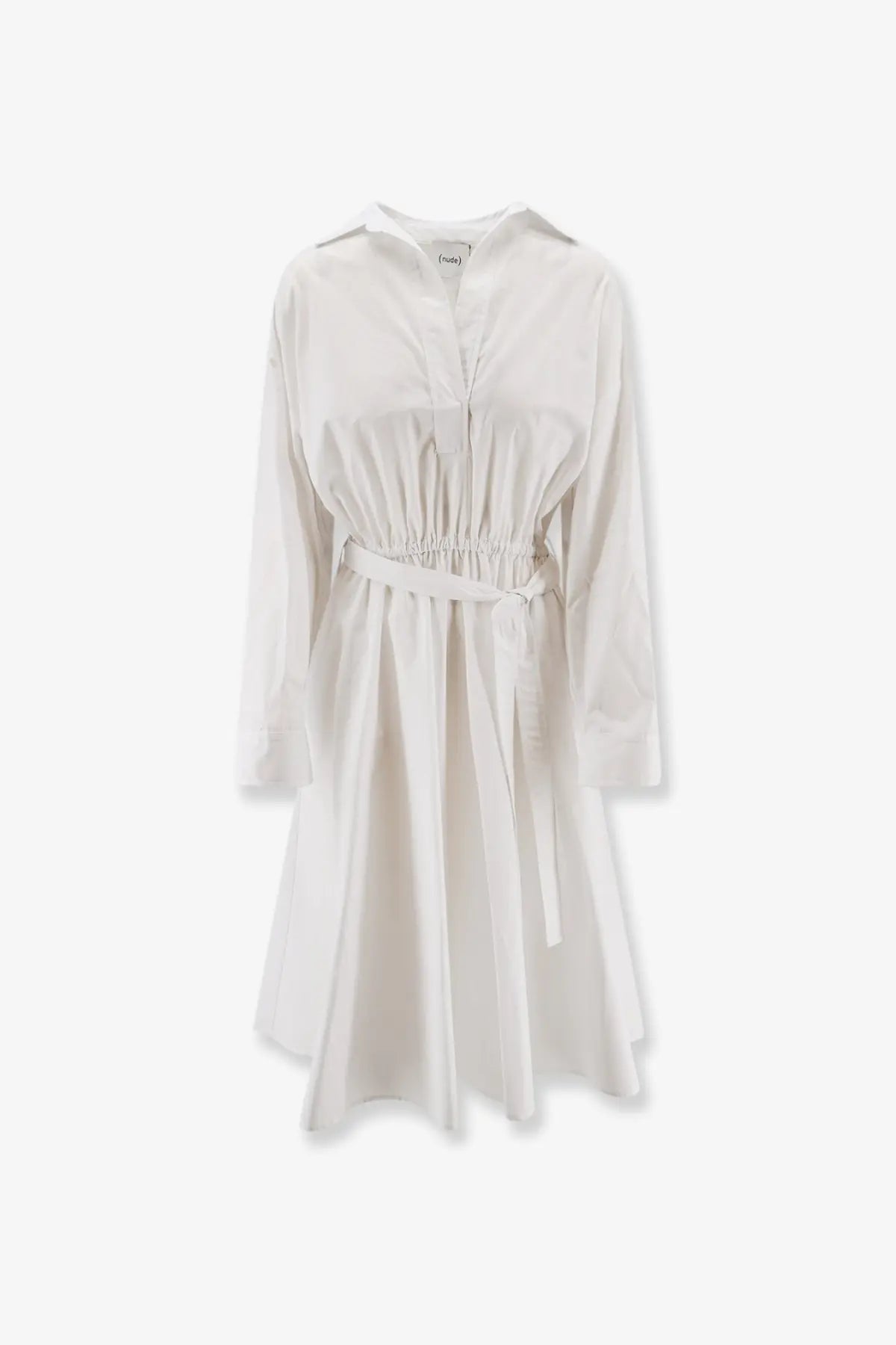 A white long-sleeved cotton polo shirt dress with collar and drawstring waistband for women by Nude