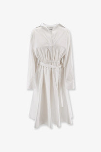 A white long-sleeved cotton polo shirt dress with collar and drawstring waistband for women by Nude