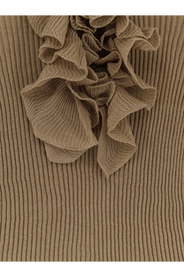 Nude women’s ribbed cotton blend sweater with beige layered ruffled embellishment on knit top front