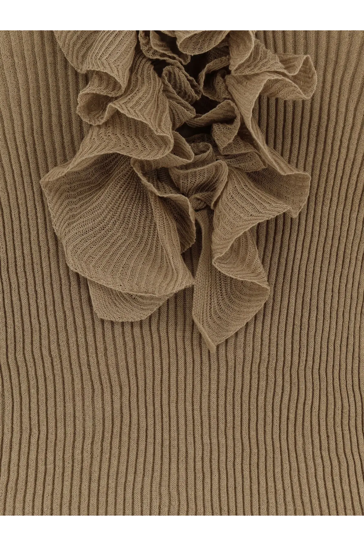 Nude women’s ribbed cotton blend sweater featuring a beige layered ruffled knit top with ribbed detailing