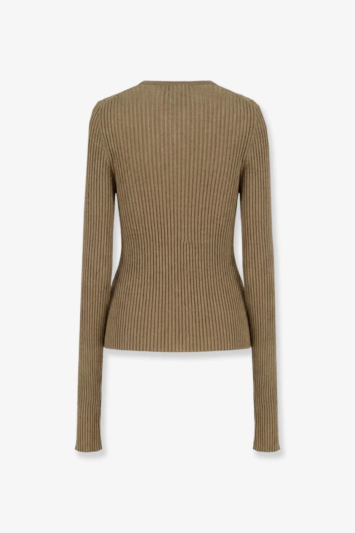 A ribbed long-sleeved camel knit top with a fitted silhouette made from cotton blend for women