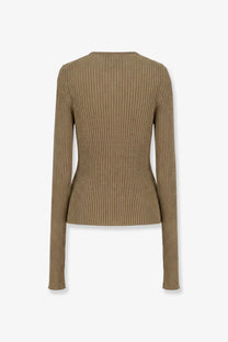 A ribbed long-sleeved camel knit cotton blend sweater with a fitted silhouette for women