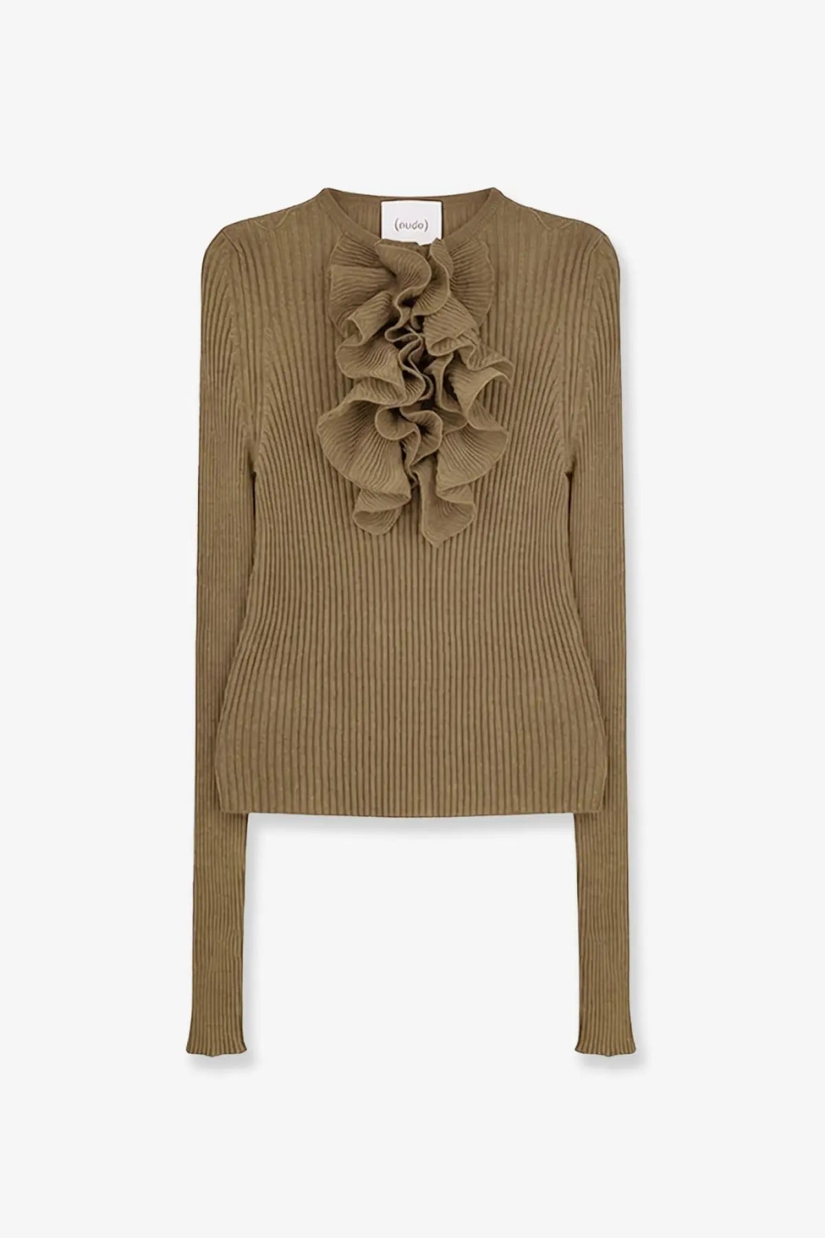 Nude women’s ribbed cotton blend sweater in olive green with a ruffled embellishment at the center chest