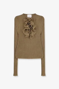 Nude women’s ribbed cotton blend sweater in olive green with a ruffled embellishment at the center chest