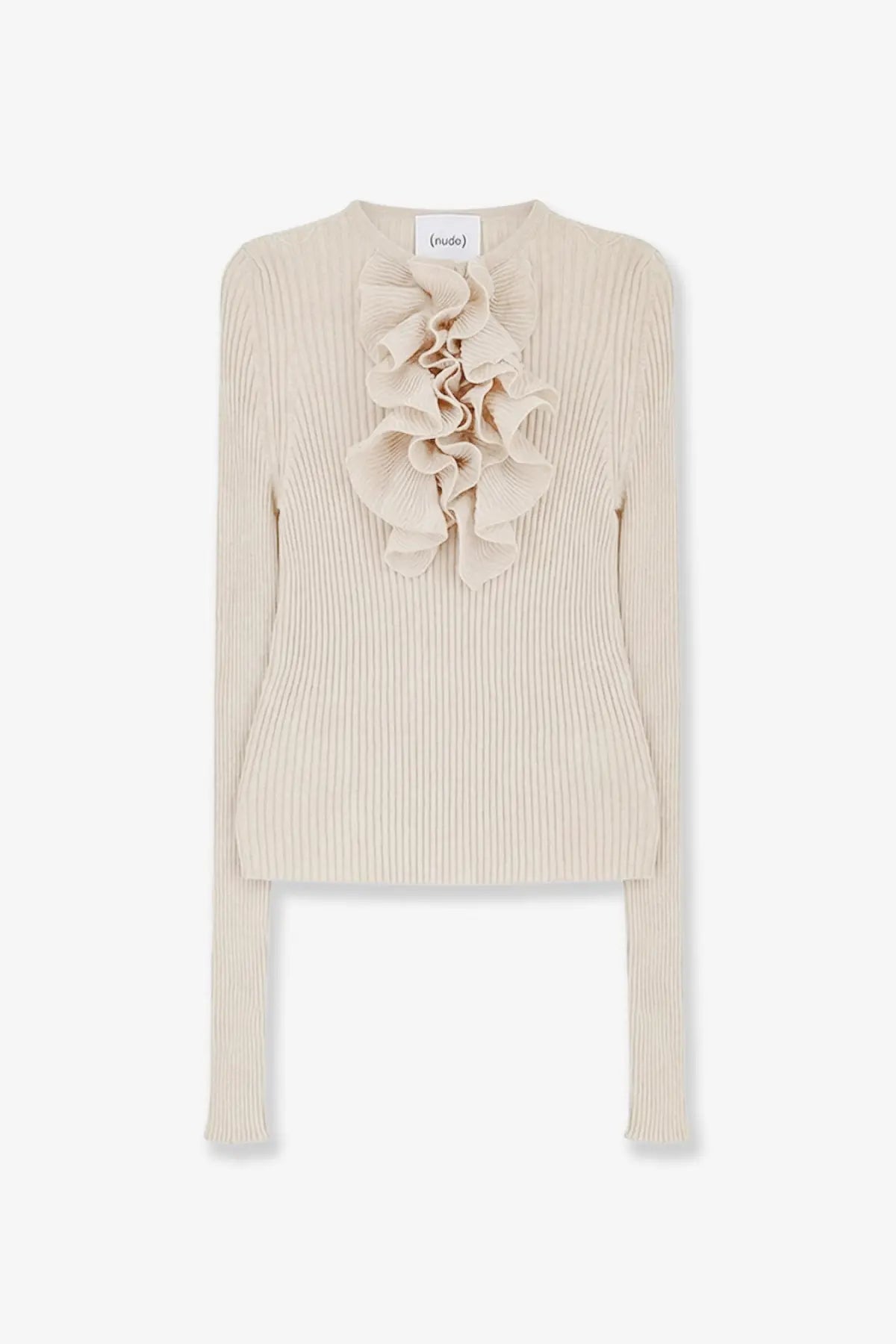 Beige ribbed cotton blend sweater for women with layered ruffle detail at the neckline in nude color