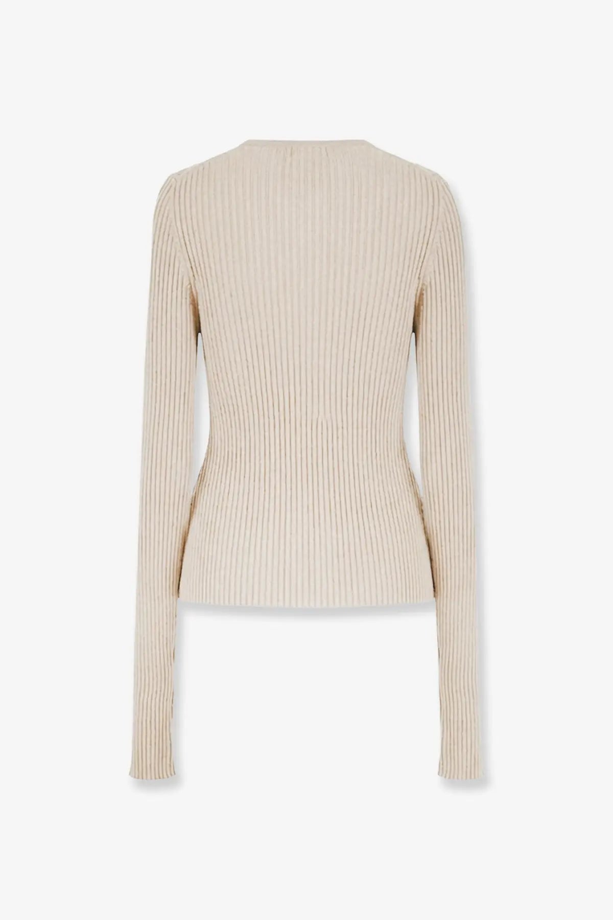 Nude women’s beige ribbed cotton blend sweater with long sleeves and rounded neckline in a slightly fitted silhouette