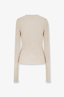 Nude women’s beige ribbed cotton blend sweater with long sleeves and rounded neckline in a slightly fitted silhouette