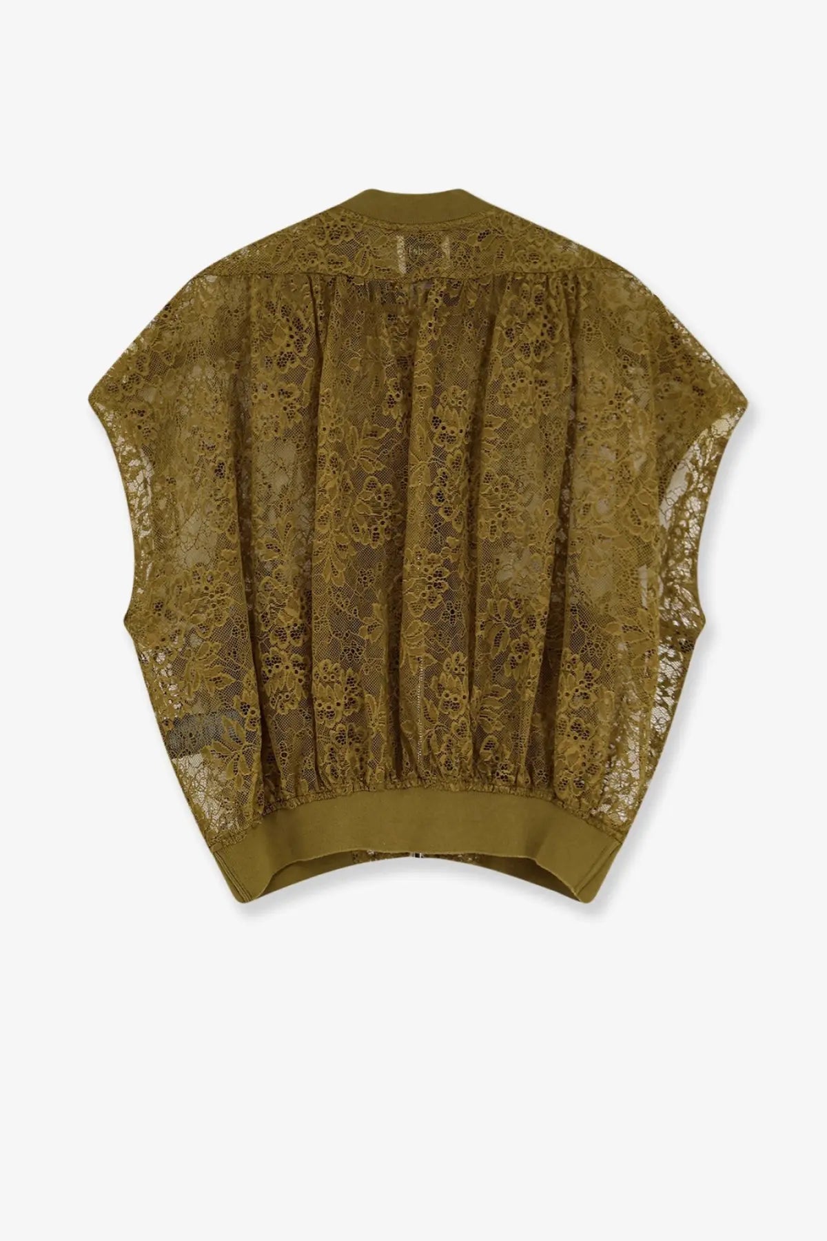 Olive green sleeveless lace jacket with floral pattern and elasticated hem for women nude collection