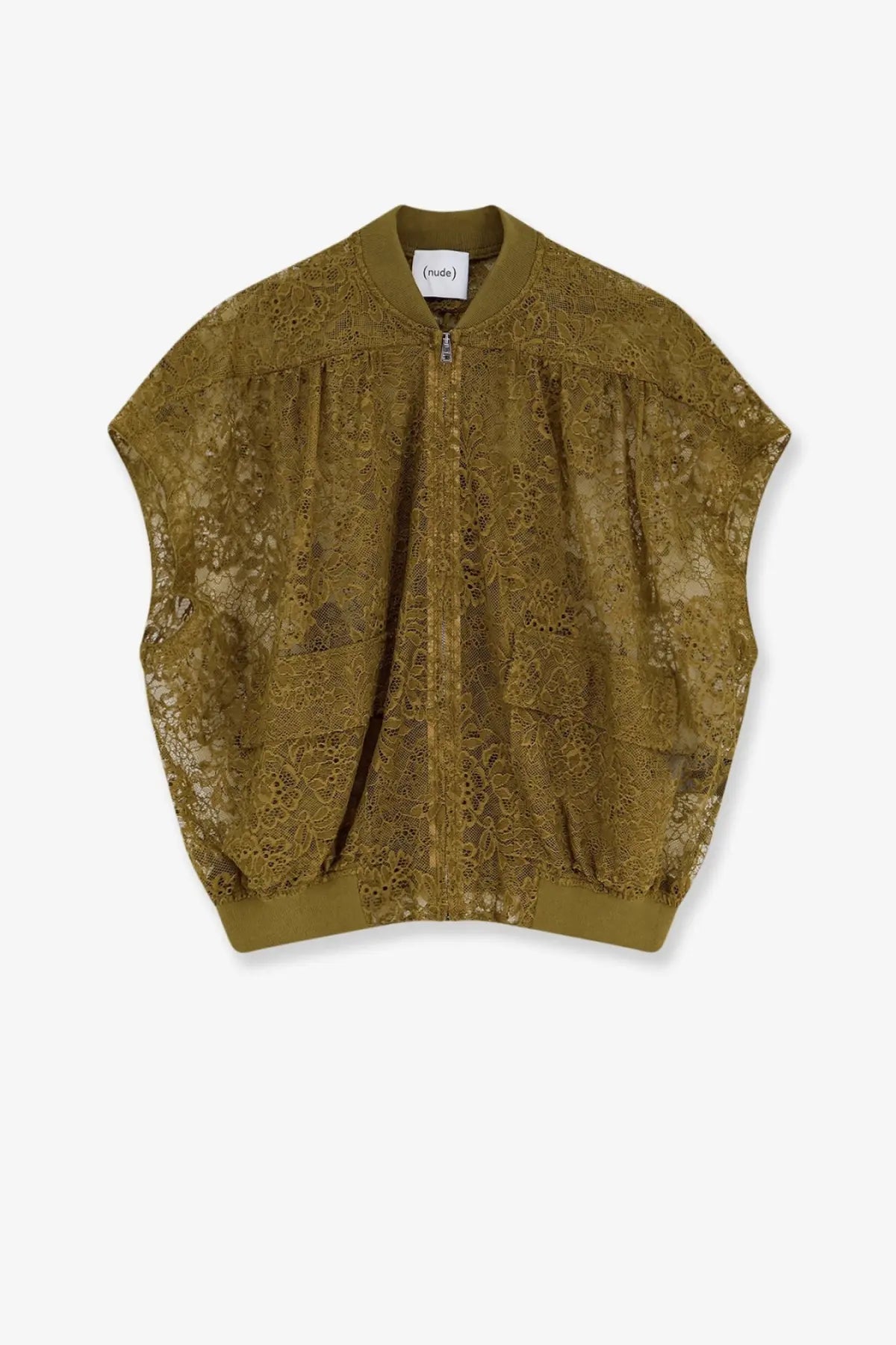 Nude women’s sleeveless olive green lace bomber jacket with zip-up front and ribbed cuffs