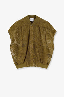 Nude women’s sleeveless olive green lace bomber jacket with zip-up front and ribbed cuffs