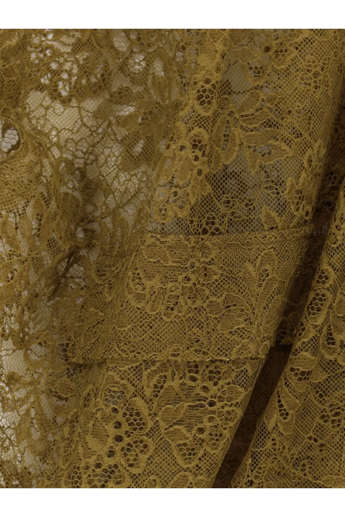 Olive green sleeveless lace jacket for women featuring intricate floral and geometric lace patterns
