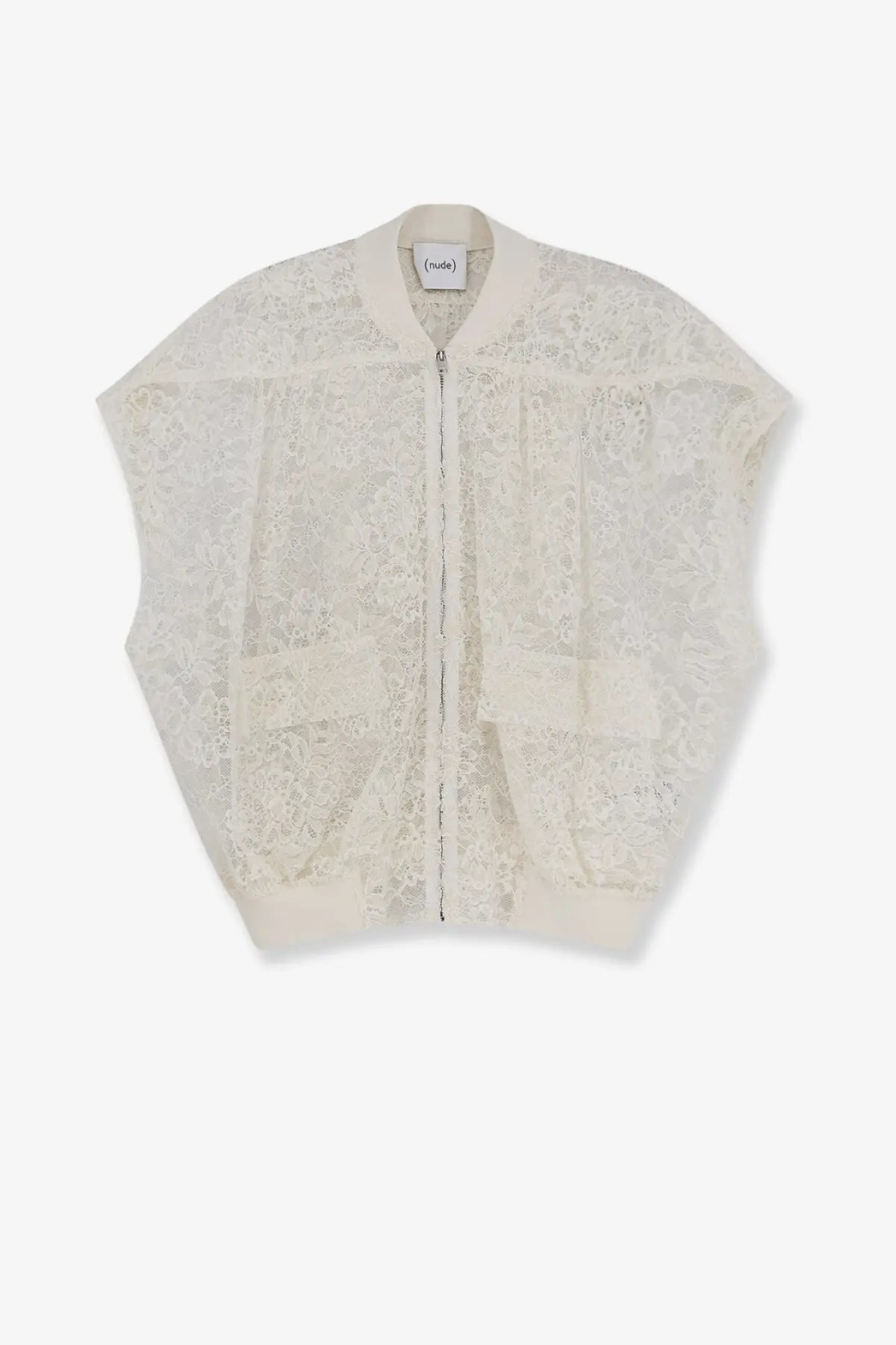 Nude women’s sleeveless off-white lace bomber jacket with subtle floral pattern and ribbed cuffs