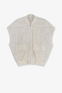 Nude women’s sleeveless off-white lace bomber jacket with subtle floral pattern and ribbed cuffs