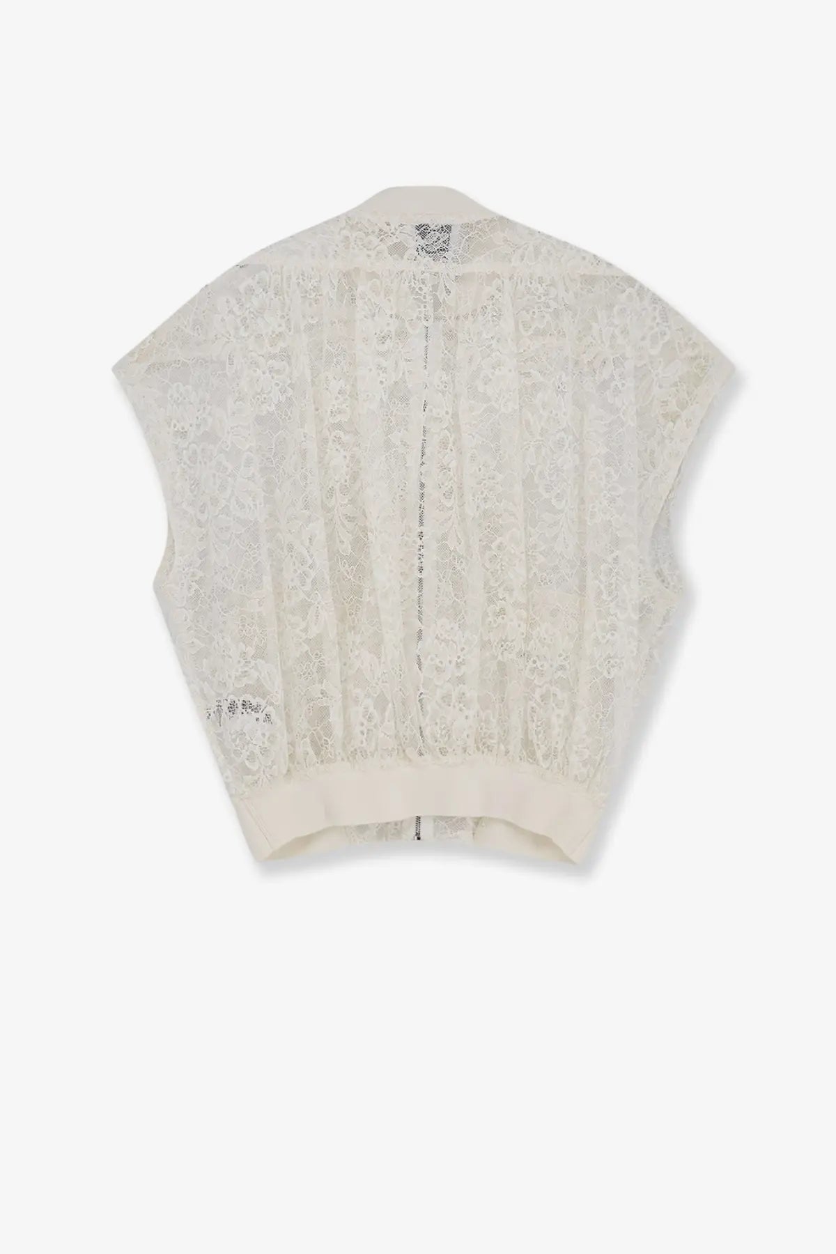 Nude women’s sleeveless lace jacket in off-white with fitted waistband and vertical floral patterns