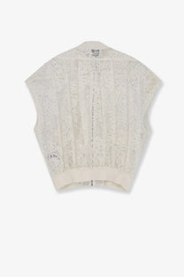 Nude women’s sleeveless lace jacket in off-white with fitted waistband and vertical floral patterns