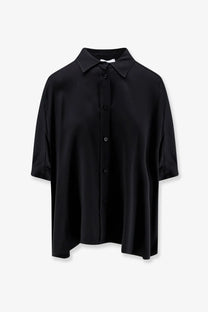 Black satin blouse with classic collar and short sleeves made of viscose for women by Nude