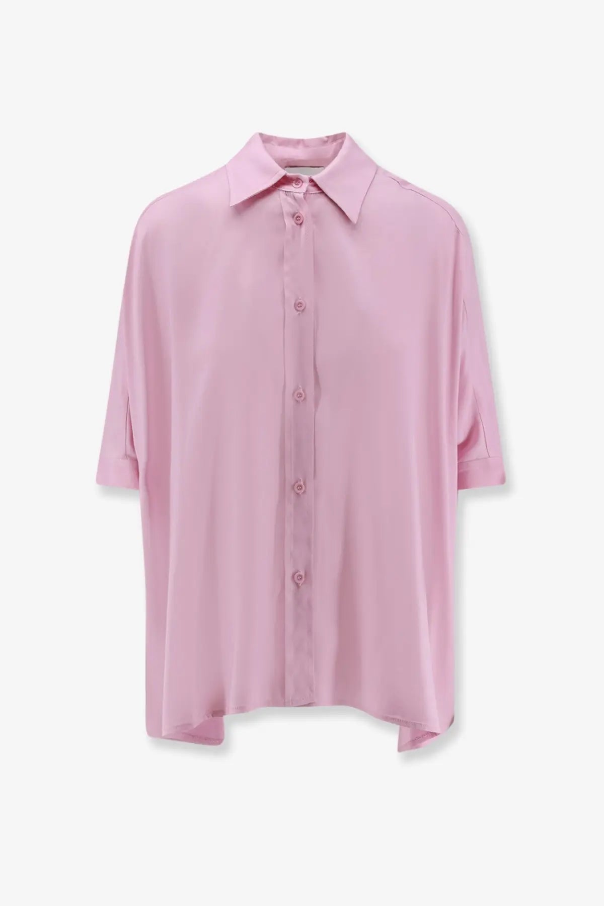 A soft pink oversized button-down viscose shirt for women with a relaxed fit and subtle sheen
