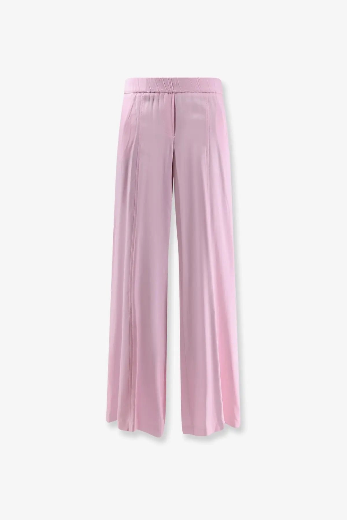 Nude women’s viscose pink soft wide-leg trousers with satin finish and elastic waistband front view