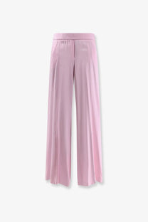 Nude women’s viscose pink soft wide-leg trousers with satin finish and elastic waistband front view