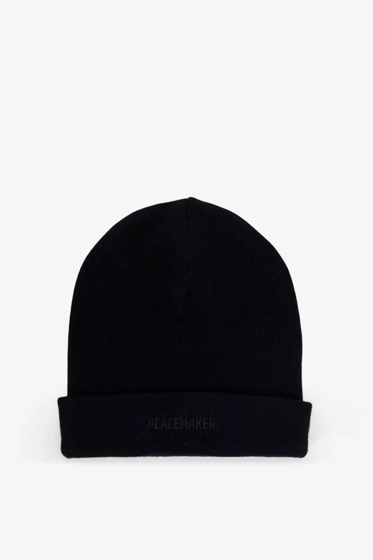 Black wool knit beanie with folded cuff embroidered with peacemaker by Oamc men’s hat