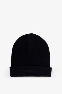 Black wool knit beanie with folded cuff embroidered with peacemaker by Oamc men’s hat