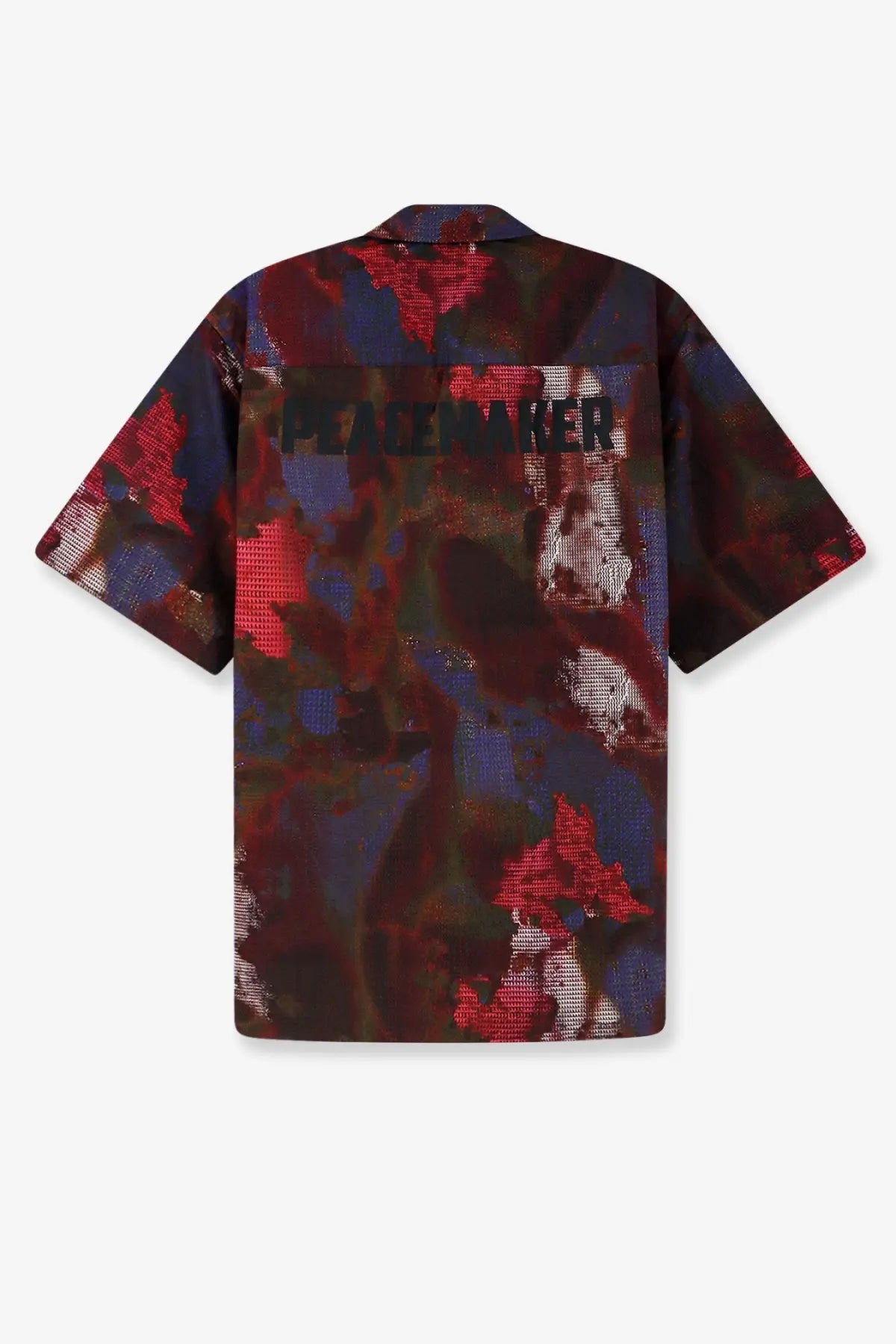 Back of oamc peacemaker men’s boxy short-sleeved cotton shirt with bold multicolor abstract camouflage pattern and placemaker print