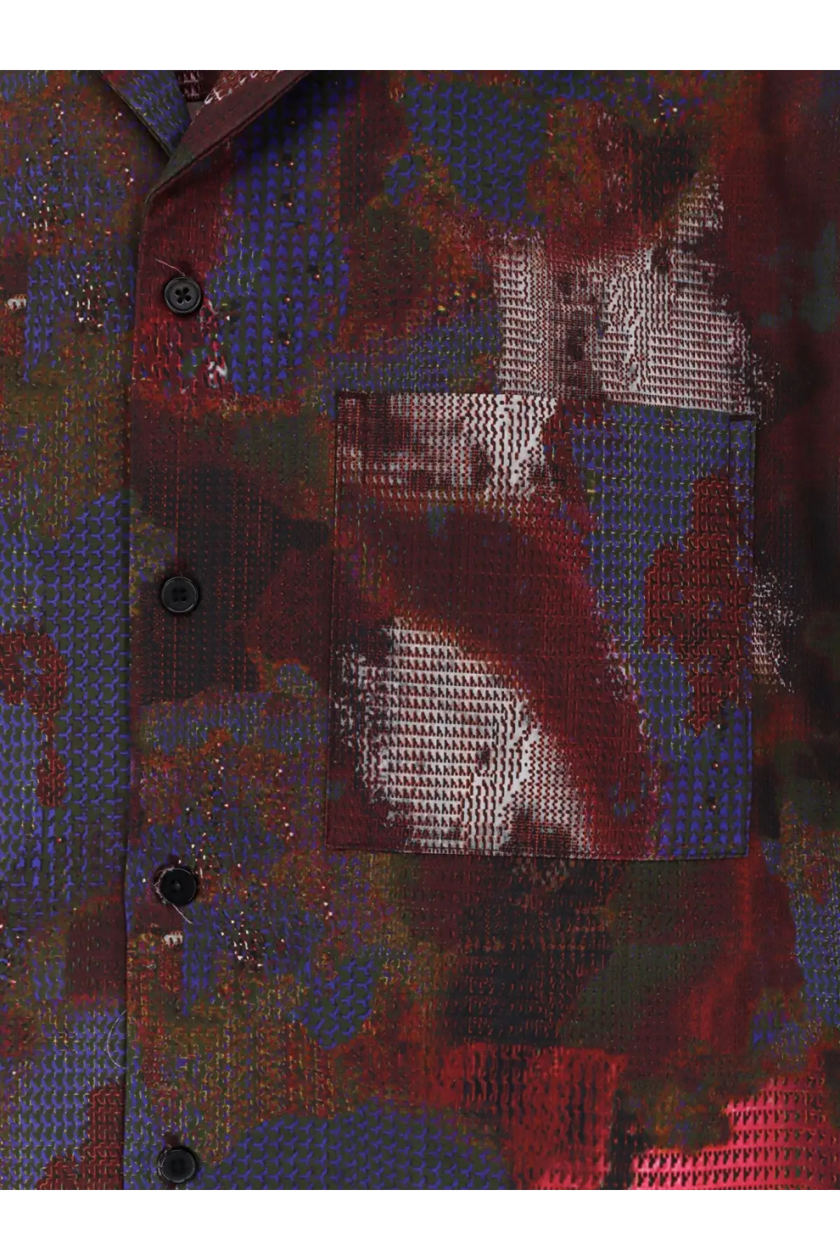 Oamc Peacemaker men’s boxy multicolor cotton shirt with a bold red blue and metallic abstract pattern