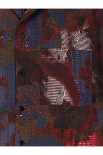 Oamc Peacemaker men’s boxy multicolor cotton shirt with a bold red blue and metallic abstract pattern