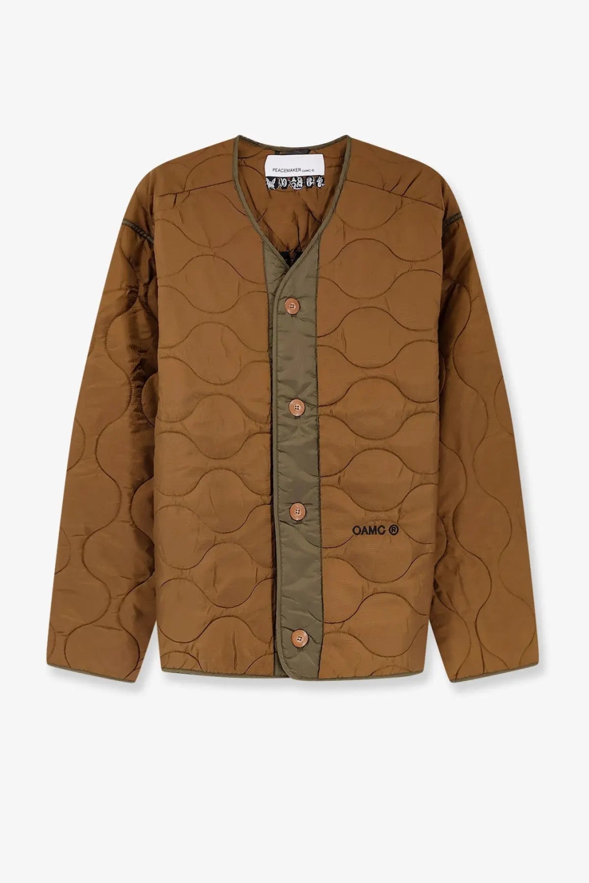 Oamc peacemaker men’s combat liner quilted nylon jacket in beige with brown quilted cardigan style and olive green front panel