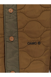 Oamc Peacemaker men’s combat liner quilted nylon jacket beige with tan quilted fabric olive green button placket wooden buttons