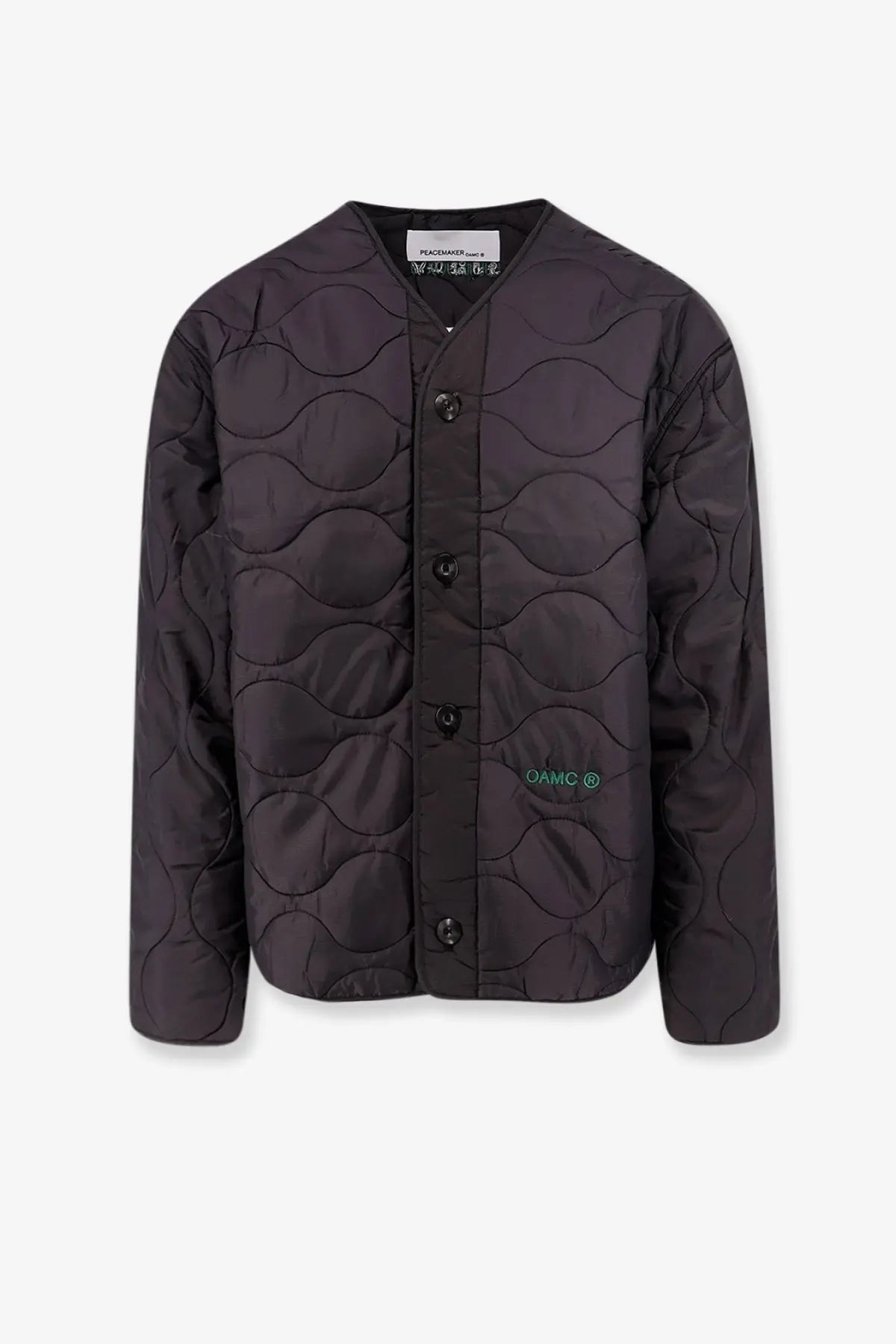 Oamc Peacemaker men’s compact liner quilted jacket black with dark gray wavy stitched patterns and black buttons